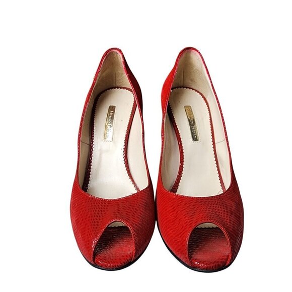 Marino Fabiani Red Snakeskin Leather Peep Toe Pumps Lucite Heel 8.5 - Picture 2 of 12
